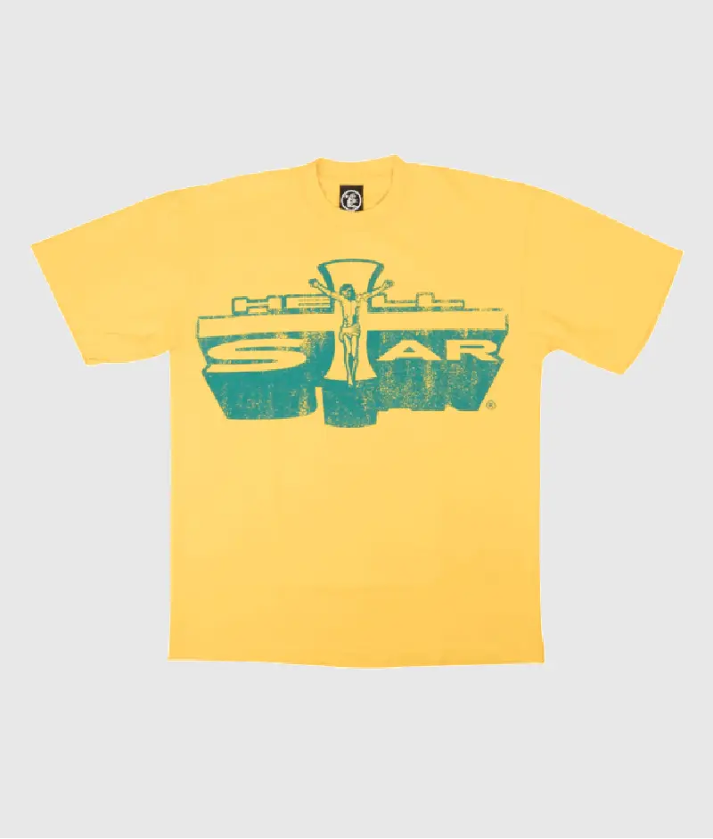 Divine Elegance: Hellstar Studios Jesus Emblem Tee in Yellow